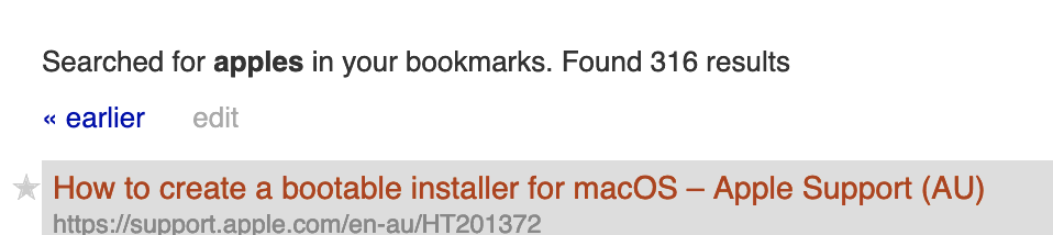 A search for 'apples' in my bookmarks, yielding 316 results, starting with "How to create a bootable installer for macOS"