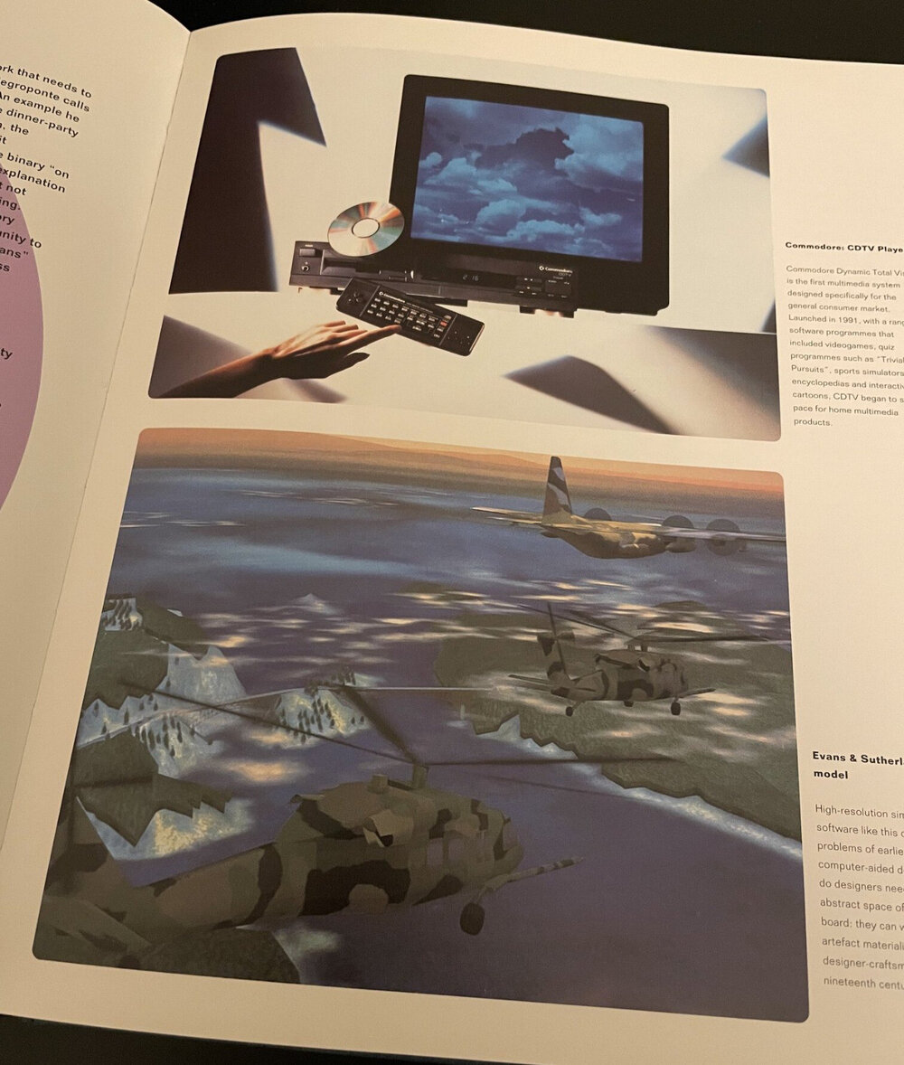 An image of a boxy black TV with the Commodore CDTV player, looking like a VCR with a CD hovering beside it. Beneath it is a blocky 3D rendering of helicopters flying over islands, described as a "high-resolution simulation".