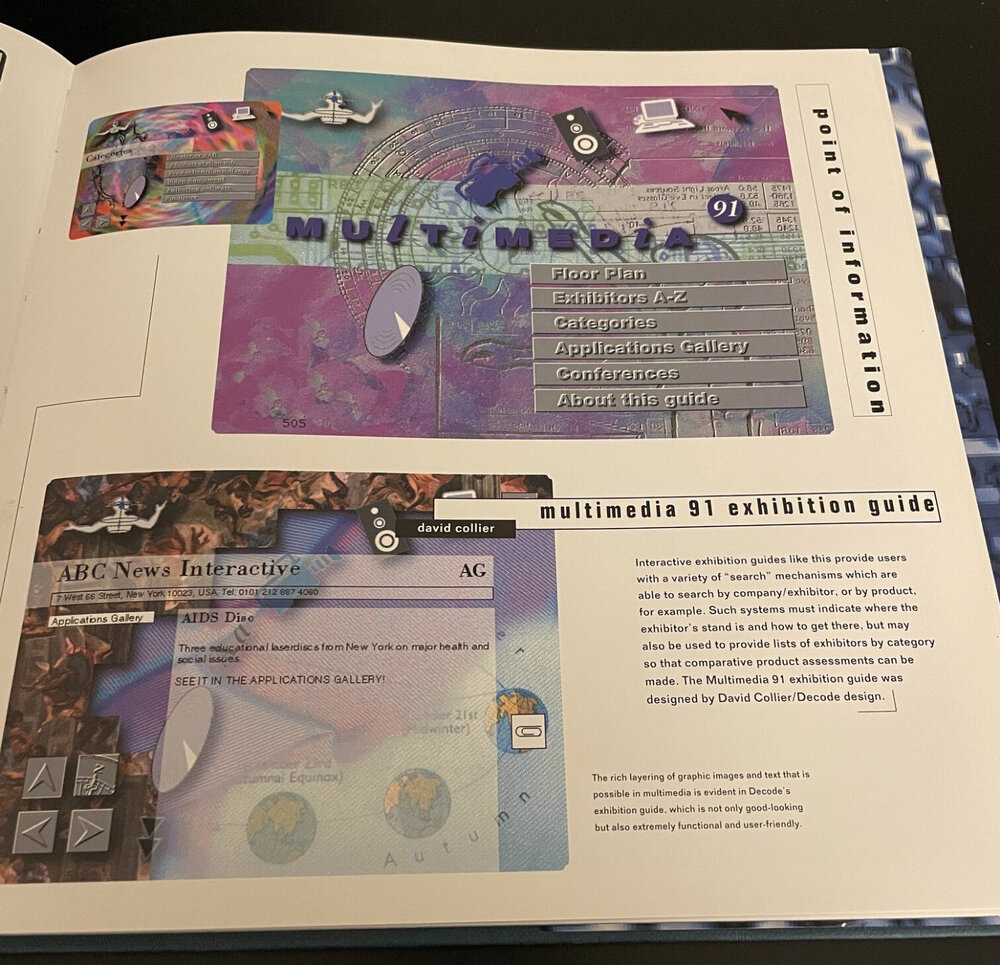 A square coffee-table book, with a chaotic 90s design in pink and cyan, titled 'Understanding Hypermedia: From Multimedia to Virtual Reality'